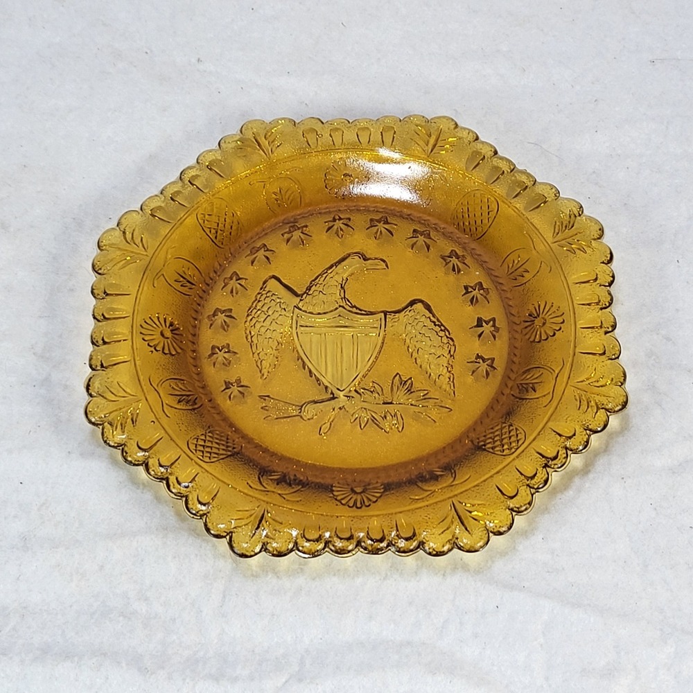 Amber Indiana 8" Glass Dish American Eagle Stars Patriotic Anniversary USA 1970s